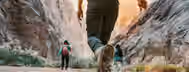 Journey Through the Canyon of Growth Boots splashing through water as hikers navigate a rocky canyon, symbolizing the challenging yet rewarding journey of self-improvement.