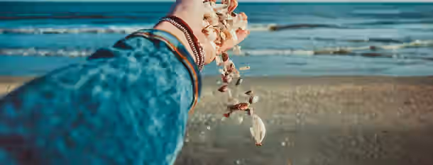 Seeds of Growth on the Shoreline A hand releases seashells into the wind at the shore, symbolizing the journey of an emerging leader letting go and embracing growth.