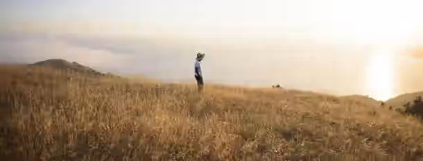 Sunrise Over Horizons: A Leader's Path to Growth A lone figure in a vast field looks toward the sunrise, symbolizing the journey of an emerging leader seeking new horizons and self-improvement.
