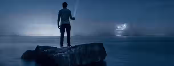 Guiding Light on the Path to Leadership A person stands on a solitary rock, flashlight in hand, illuminating the vast night ocean ahead, symbolizing the journey towards self-discovery.
