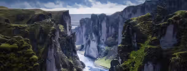 Navigating Life’s Majestic Valleys A river carving its way through towering, verdant cliffs, symbolizing an emerging leader's resilient journey toward self-improvement.